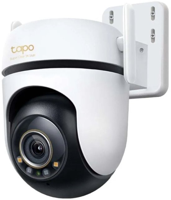 Witte en zwarte Tapo beveiligingscamera met lens en bevestigingsbeugel.