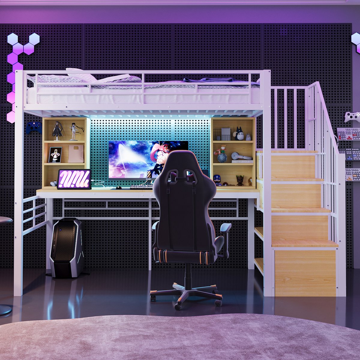 Merax Hoogslaper 90x200 cm - met bureau - stopcontact en LED-verlichting - opbergtrappen aan beide zijden - wit - zonder matras