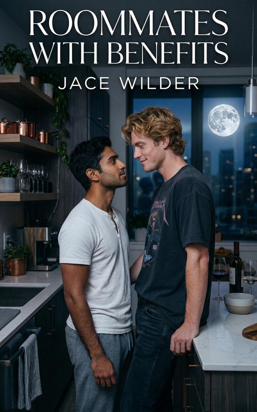 Twee mannen kijken elkaar liefdevol aan in een keuken bij maanlicht. Titel: Roommates With Benefits.