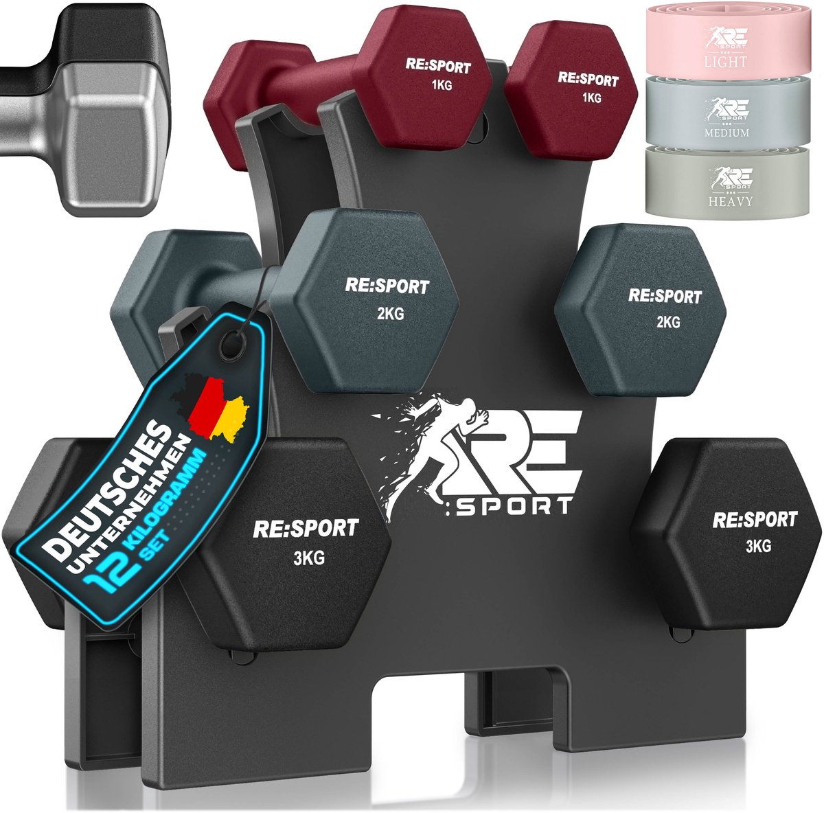 RE:SPORT® Halter Set 3 Paar 1kg–3kg, 12kg met Standaard & 3x Fitnessbanden | Antislip Neopreen Dumbbells voor Dames & Heren | Halters Halterset