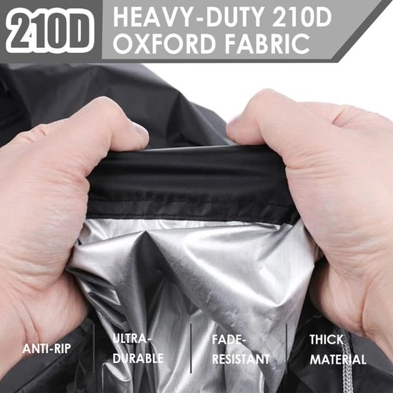 Zwarte, heavy-duty 210D Oxford stof met de tekst 'Anti-rip', 'Ultra-durable', 'Fade-resistant', 'Thick material'.
