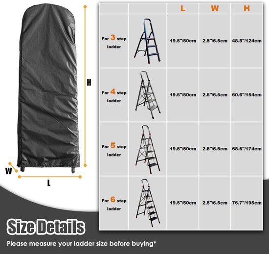 Zwarte, lange ladderhoes met maattabel voor 3, 4, 5 en 6-tredige ladders.