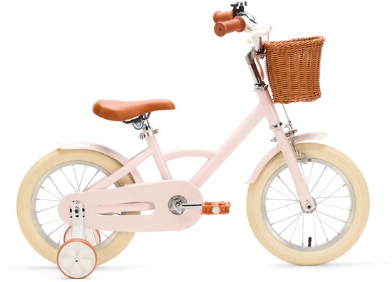 Vélo enfant rose pâle avec panier, selle et guidon marron, incluant des roulettes.