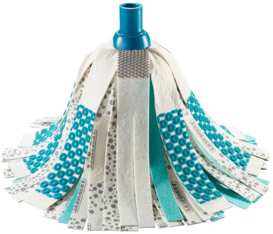 Witte mop met blauwe en grijze stroken met stipjes- en cirkelpatroon.