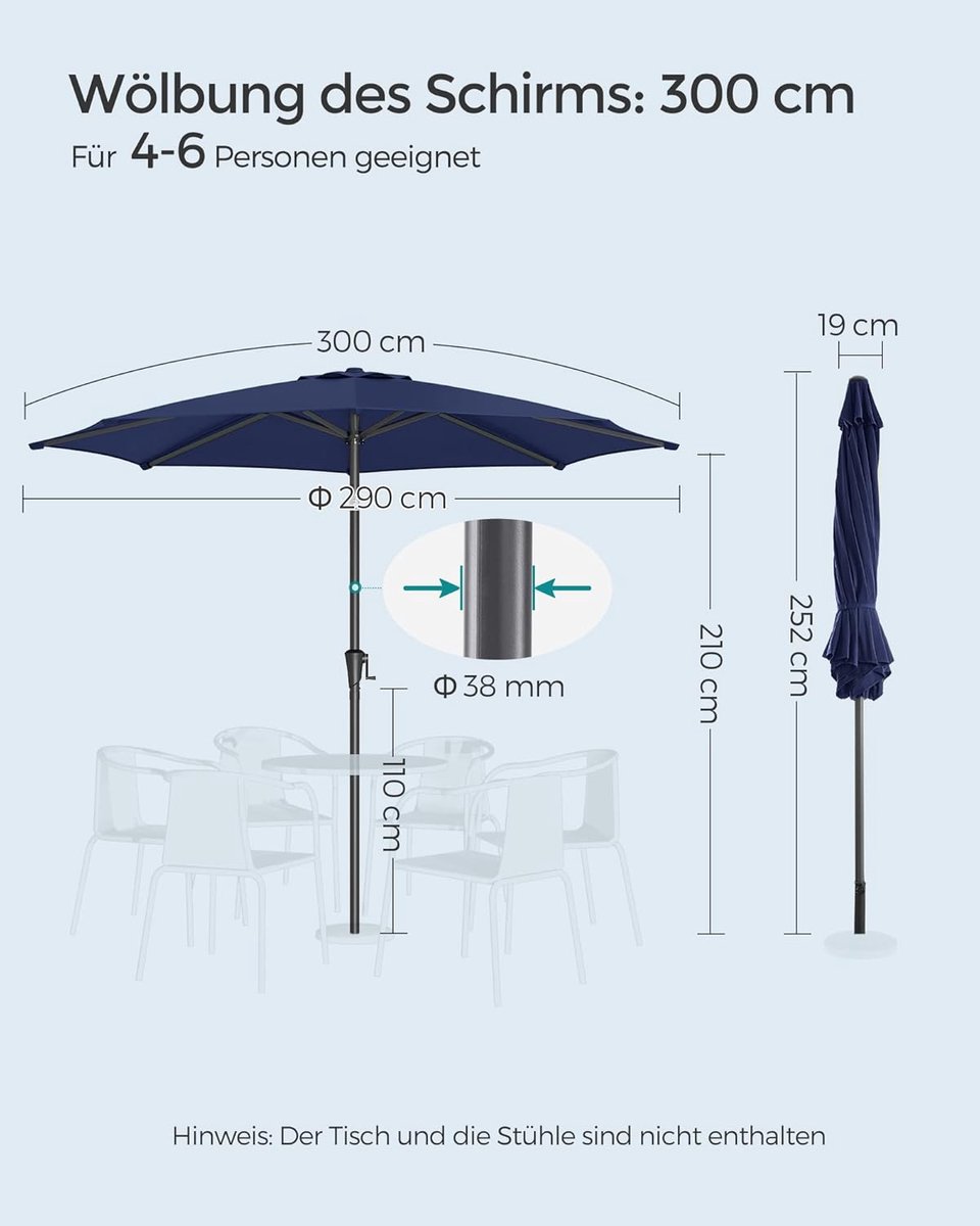 Tuinparasol 300 cm Bellavero – Ronde UV50+ Zonwering met Zwengel – Waterafstotend & Stevig Stalen Frame – Ideaal voor Terras, Balkon, Tuin & Zwembad – Donkerblauw