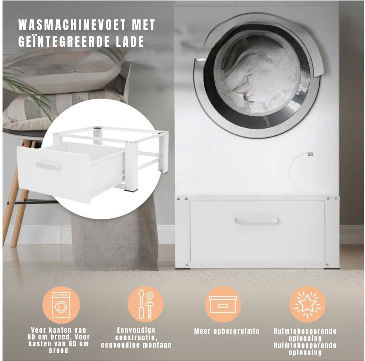 RONN® Wasmachine Verhoger - Wasmachine Verhoger met Lade - Wasmachine Sokkel Met Laadcapaciteit tot 150 KG - Wit - 63cm x 54cm x 32cm ;9kg thumbnail 4