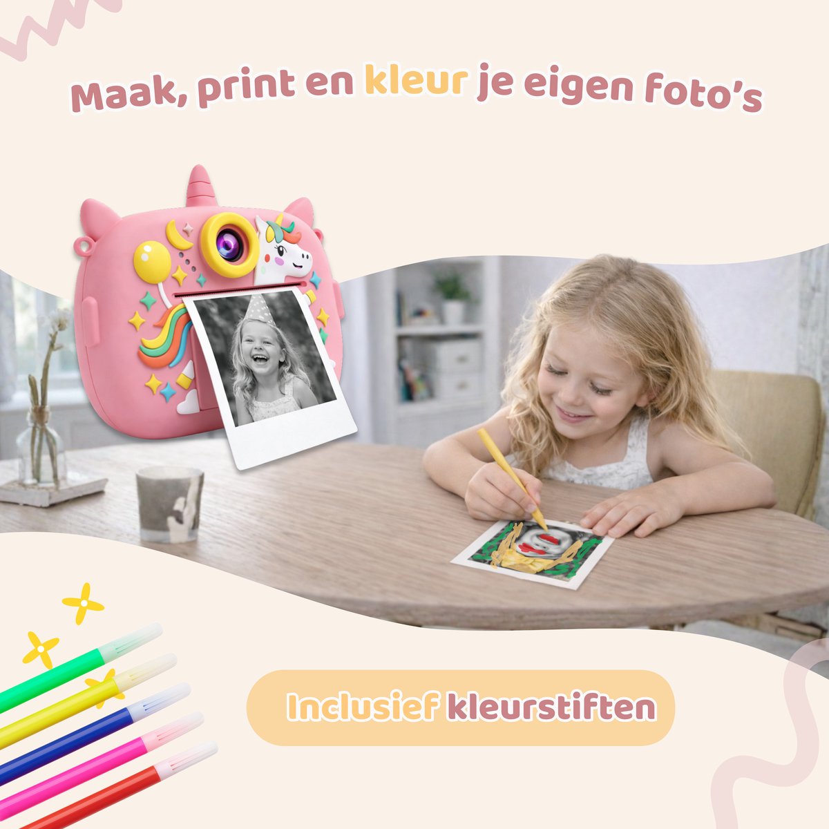 Peblo Digitale Kindercamera Met Foto Printer - Fototoestel Voor Kinderen - Speelgoedcamera - Selfie Camera - Kinder Fotocamera Instant Print- Speelgoed Video Camera Kind - Vlogcamera Kids - SD Kaart 16GB - Unicorn Roze — afbeelding 4