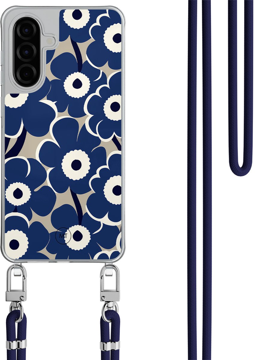 Hoesje met koord geschikt voor Samsung Galaxy A36 - Abstract bloom - Inclusief Donkerblauw koord - Crossbody beschermhoes - Transparant, Blauw - Mooie Telefoonhoesjes