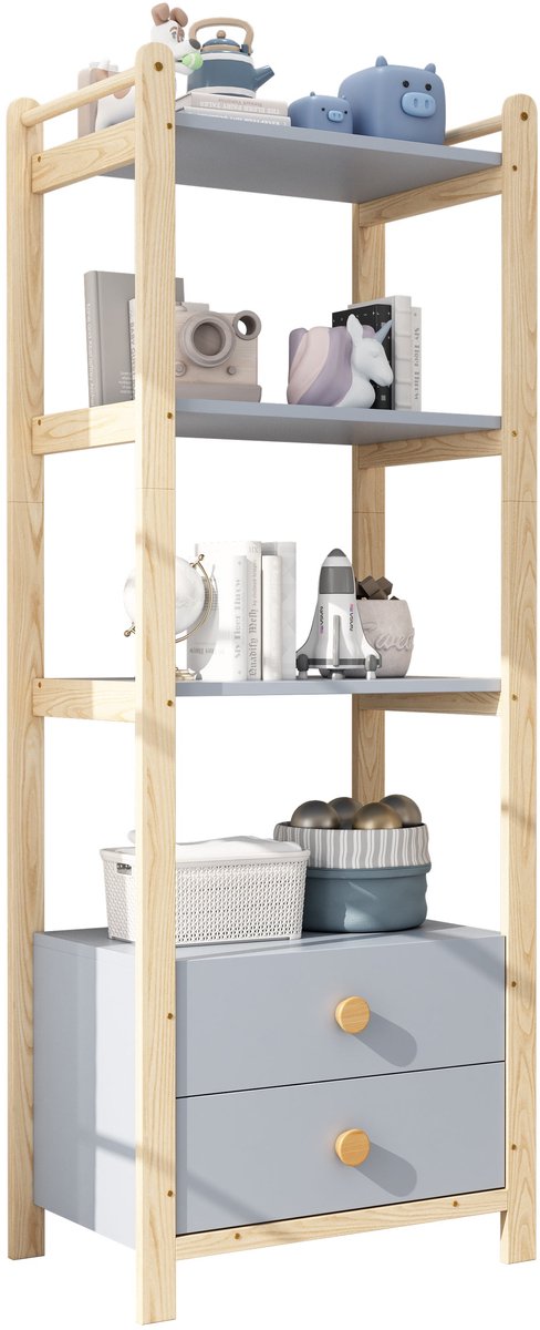 Merax Kinderkast Set 180 cm – Kledingkast met Hangroede en Laden + Open Opbergkast – Blauw met Houtkleur Kinderkamer