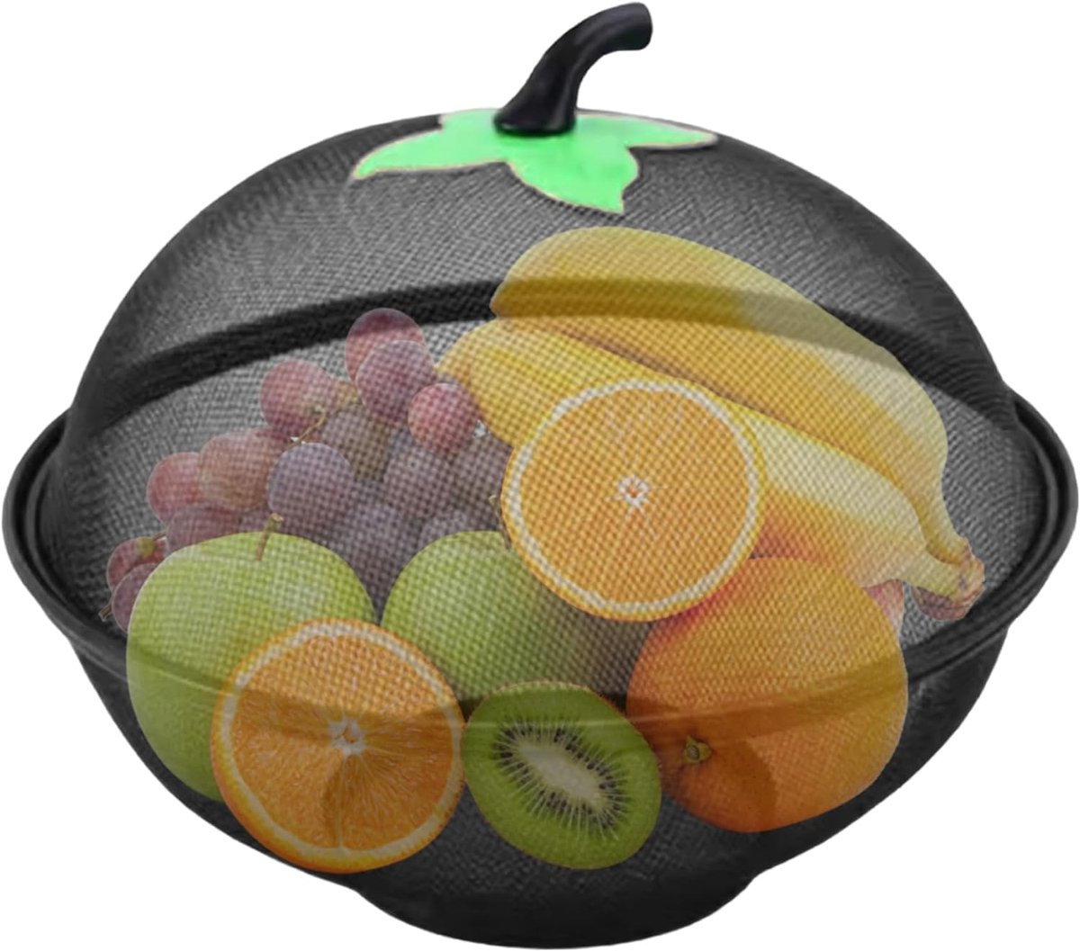 Fruit- en groentemand met deksel - Fruitschaal van metaalgaas - 28 cm - Verhoogde voet - Geschikt voor op het aanrecht / Zwart