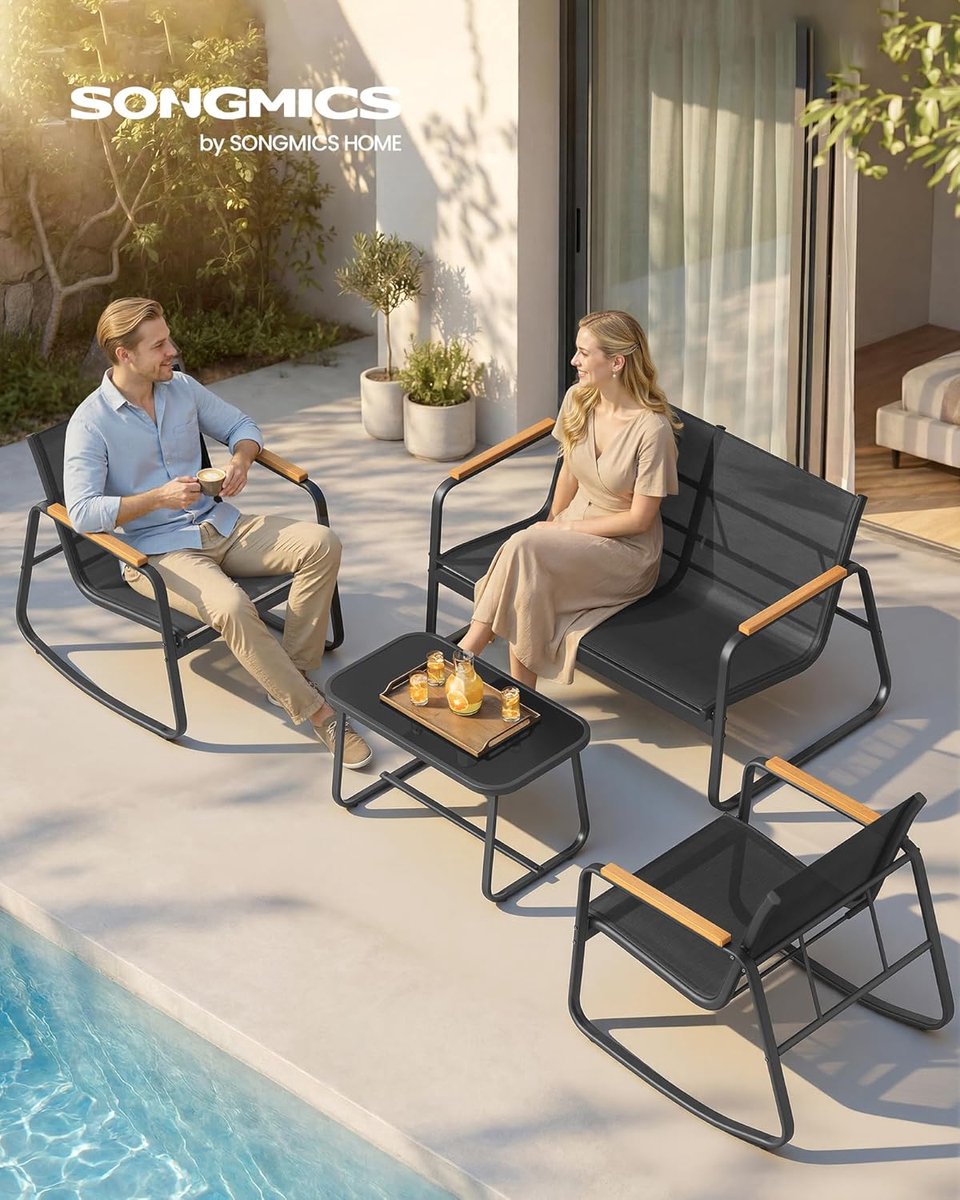 Tuinmeubelset voor 4 Personen – 2 Schommelstoelen, Tafel en Tuinbank – Ademend Kunstvezelweefsel, Robuust Stalen Frame, Balkon, Terras & Tuin – 73 cm Diep – Zwart – Laura
