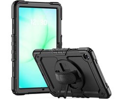 Hoes met ingebouwde Screenprotector Geschikt voor Samsung Galaxy Tab A11 Plus | Inclusief 360° Draaibare Handriem en Schouderriem | Extreme bescherming | Ideaal voor zakelijk gebruik | Zwart