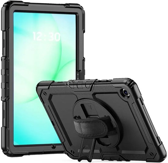 Samsung Galaxy Tab A11 Plus hoes met 360° draaibare handriem, ingebouwde screenprotector, schouderriem, zwart