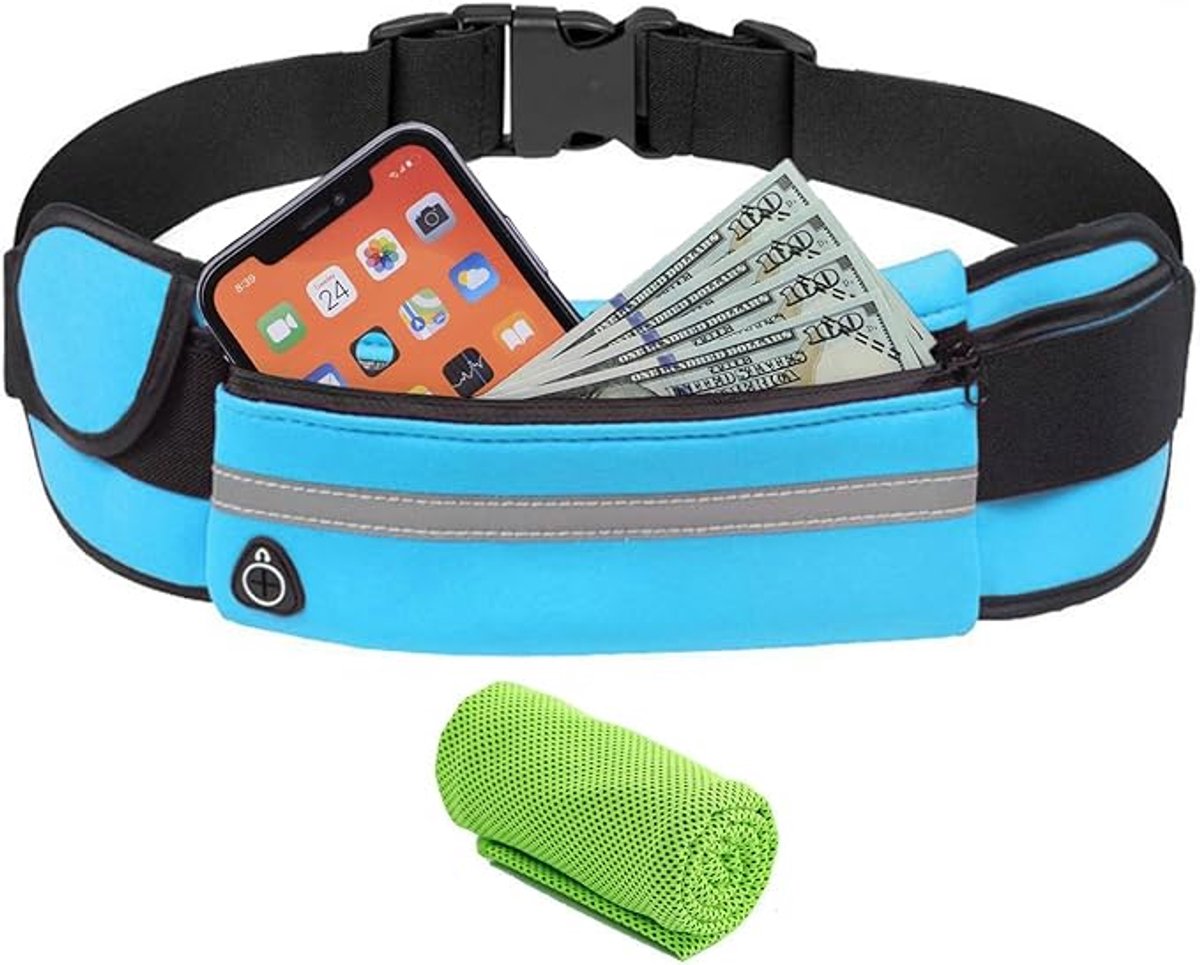 Running belt - flipbelt - hardloopriem telefoon - Hardloop riem - Ruime Opbergvakken voor Smartphone, Drinkfles of Powerbank - Reflectie Strip - 70 tot 140 cm - Zwart bluaw - van Imperatoris