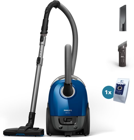 Philips Stofzuiger met Zak Performer Compact XD3110/09 - Lang Snoer - Alle Vloertypen - TriActive mondstuk - Incl 2 Extra Mondstukken - Blauw