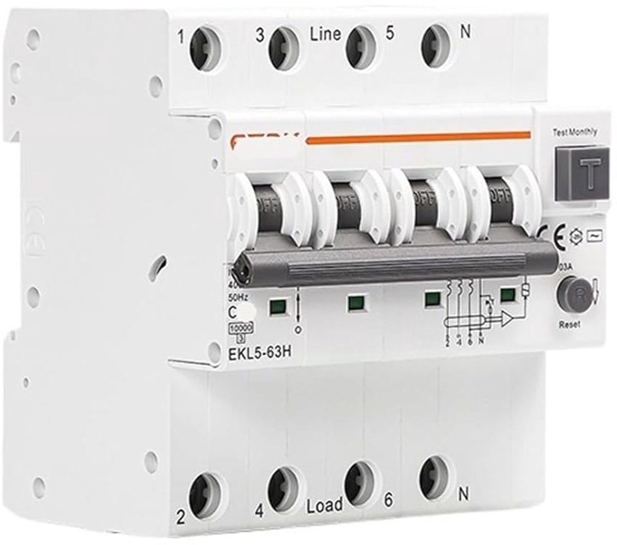 Stroomonderbreker - Lekstroombeveiliging - Veilige Stroomvoorziening - 4-polig 63A - DIN Rail Mount