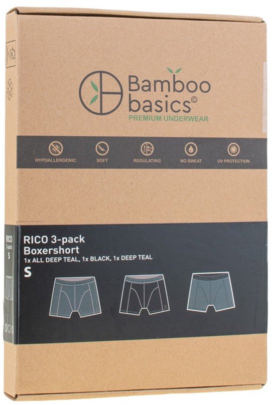 Boîte de 3 boxers Rico Bamboo Basics : 1x vert pétrole profond, 1x noir, 1x vert pétrole profond. Taille S.