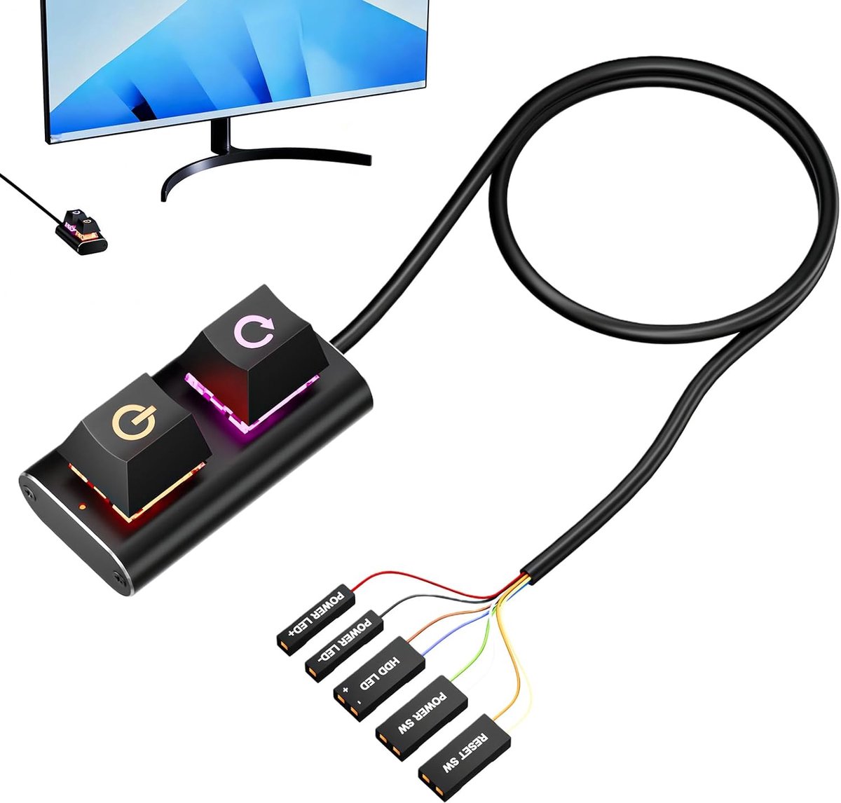 PC Aan/Uit Knop - Externe Voeding - Desktop Besturing - RGB LED Mechanisch - 200cm Kabel - Zwart