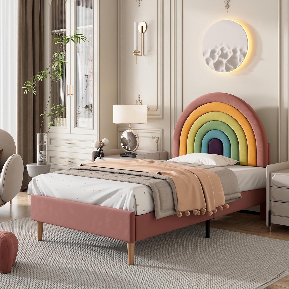 Gestoffeerd Bed - Frame Met Hoofdbord - Slaapkamer Inrichting - Regenboog Hoofdeinde - 90x