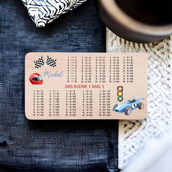 Leerplankje Rekenen - Ontbijtplankje Hout - Leren Vermenigvuldigen - Gepersonaliseerd met Naam - 22x12cm - Raceauto — afbeelding 2