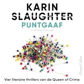 Boekomslag 'Puntgaaf' met Karin Slaughter, literair thriller, en een hoop gekleurde spelden.