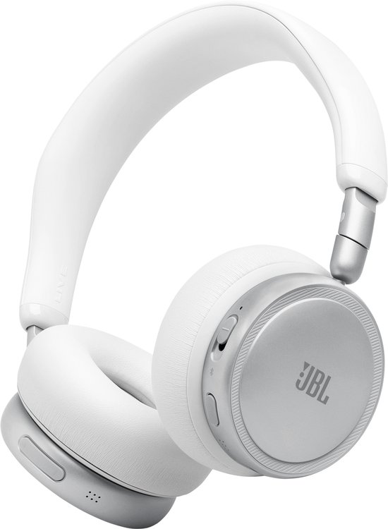 Witte JBL Live 680NC koptelefoon in close-up, met oorkappen en draaiknop.