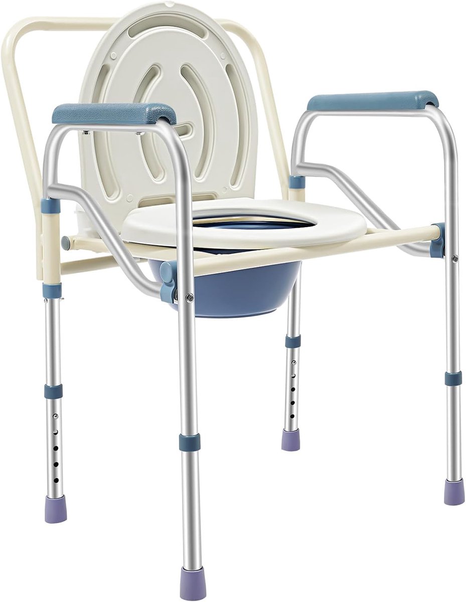 Opvouwbare Toiletstoel - Nachtstoel Commode - Veilig Zelfstandig - In Hoogte Verstelbaar - 150kg Draagvermogen - Blauw Wit