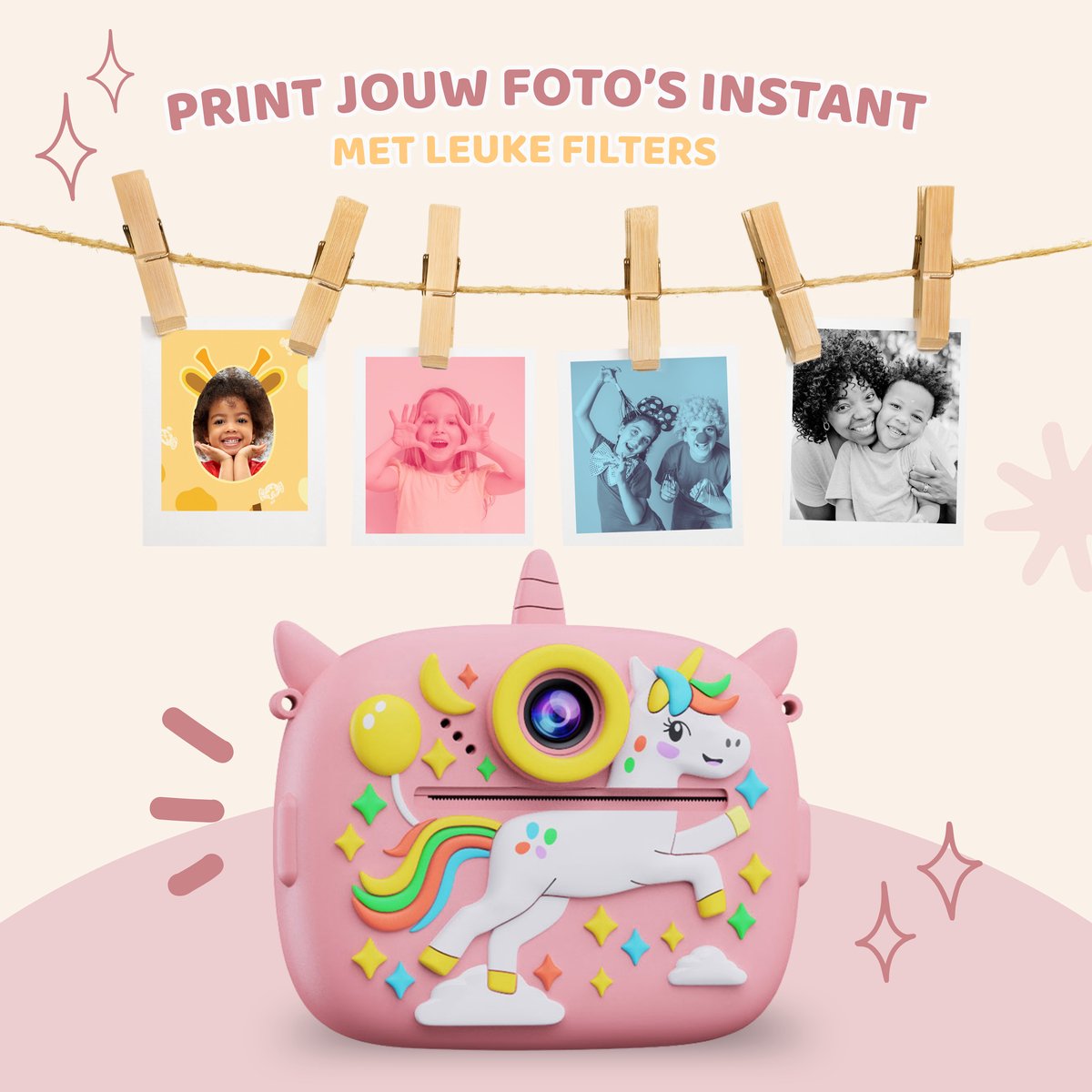 Peblo Digitale Kindercamera Met Foto Printer - Fototoestel Voor Kinderen - Speelgoedcamera - Selfie Camera - Kinder Fotocamera Instant Print- Speelgoed Video Camera Kind - Vlogcamera Kids - SD Kaart 16GB - Unicorn Roze — afbeelding 6