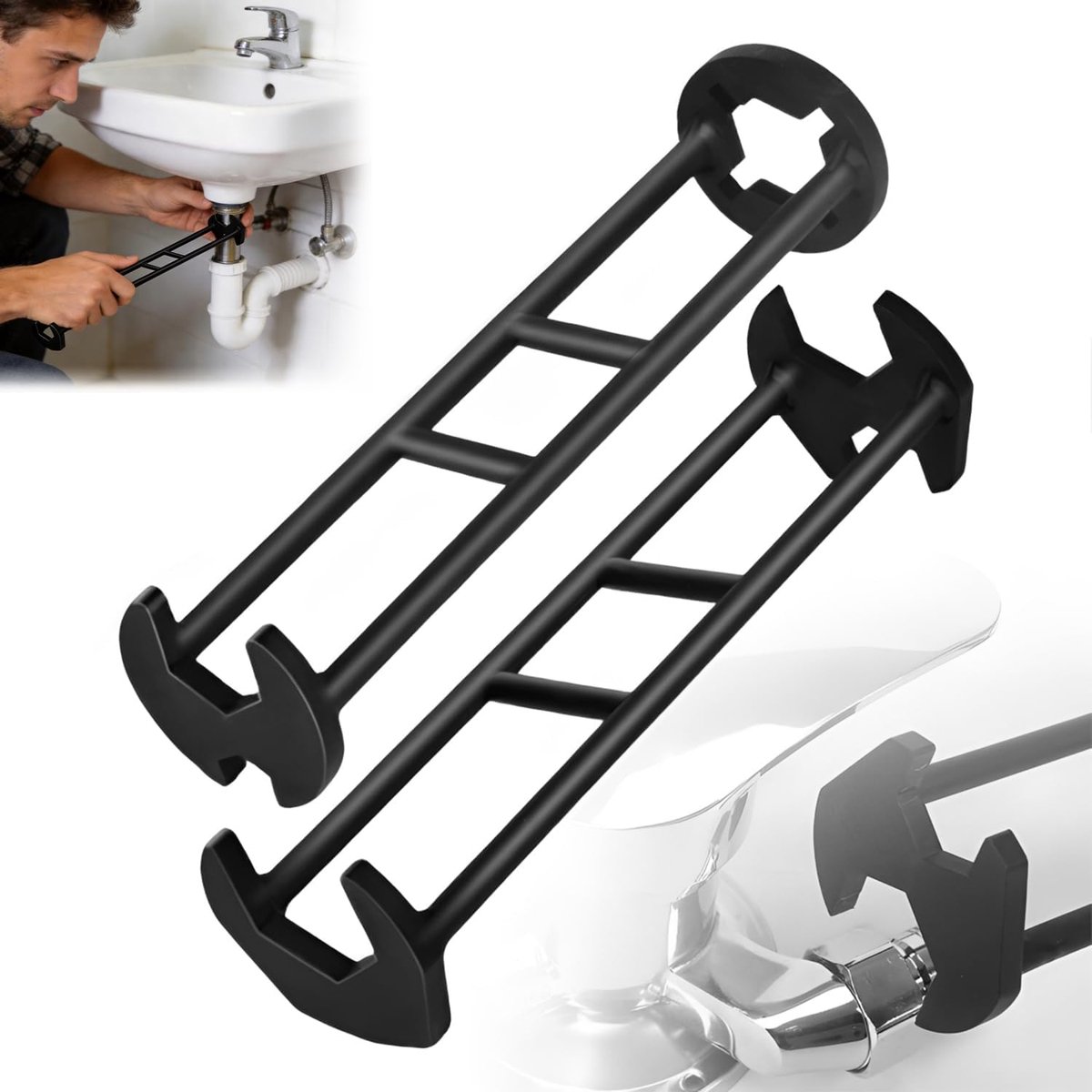 2-delige multifunctionele wastafelsleutelset – Kraangereedschap – Speciale loodgieterssleutel voor krappe ruimtes – Installatiegereedschap voor kranen in keuken en badkamer – Reparatietool voor onderbouwleidingwerk en hoekventielen – Zwart