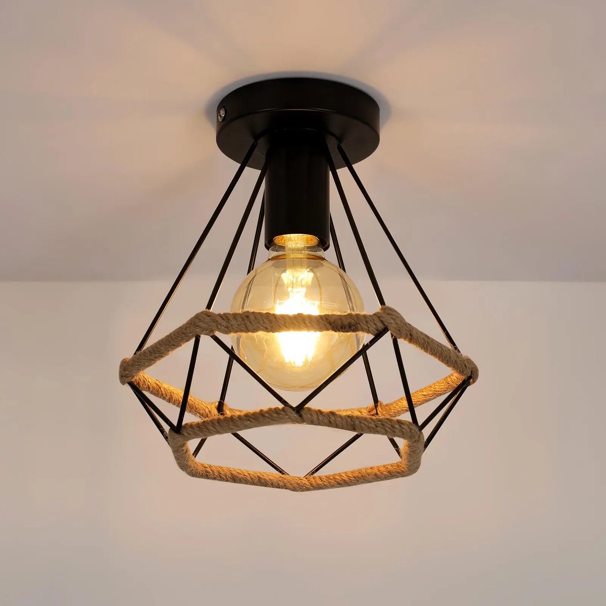 Industriële plafondlamp met E27 fitting - zwart - metalen kooi met touwdetail