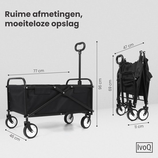 Opvouwbare Bolderkar - Transportkar Inklapbaar - Strand Camping Tuin - Krachtig Stalen Frame - 46x77x96 cm - Zwart van Opvouwbare Bolderkar — afbeelding 4
