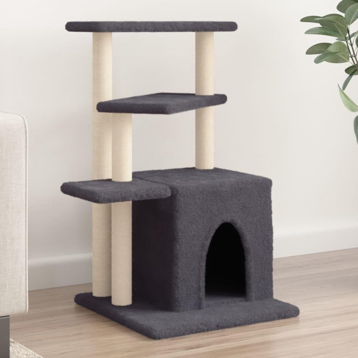 Krabpaal met huis - Kattenboom speeltoren - Katten vermaak - Meerdere niveaus - 835 cm hoog - Donkergrijs