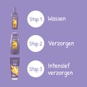 Drie Andrélon "Perfecte Krul" producten op een rij: shampoo, conditioner en masker, met de tekst "Stap 1 Wassen, Stap 2 Verzorgen, Stap 3 Intensief verzorgen".