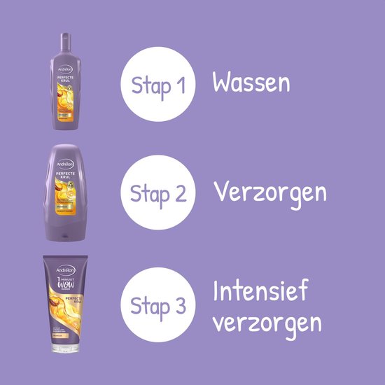 Drie Andrélon "Perfecte Krul" producten op een rij: shampoo, conditioner en masker, met de tekst "Stap 1 Wassen, Stap 2 Verzorgen, Stap 3 Intensief verzorgen".