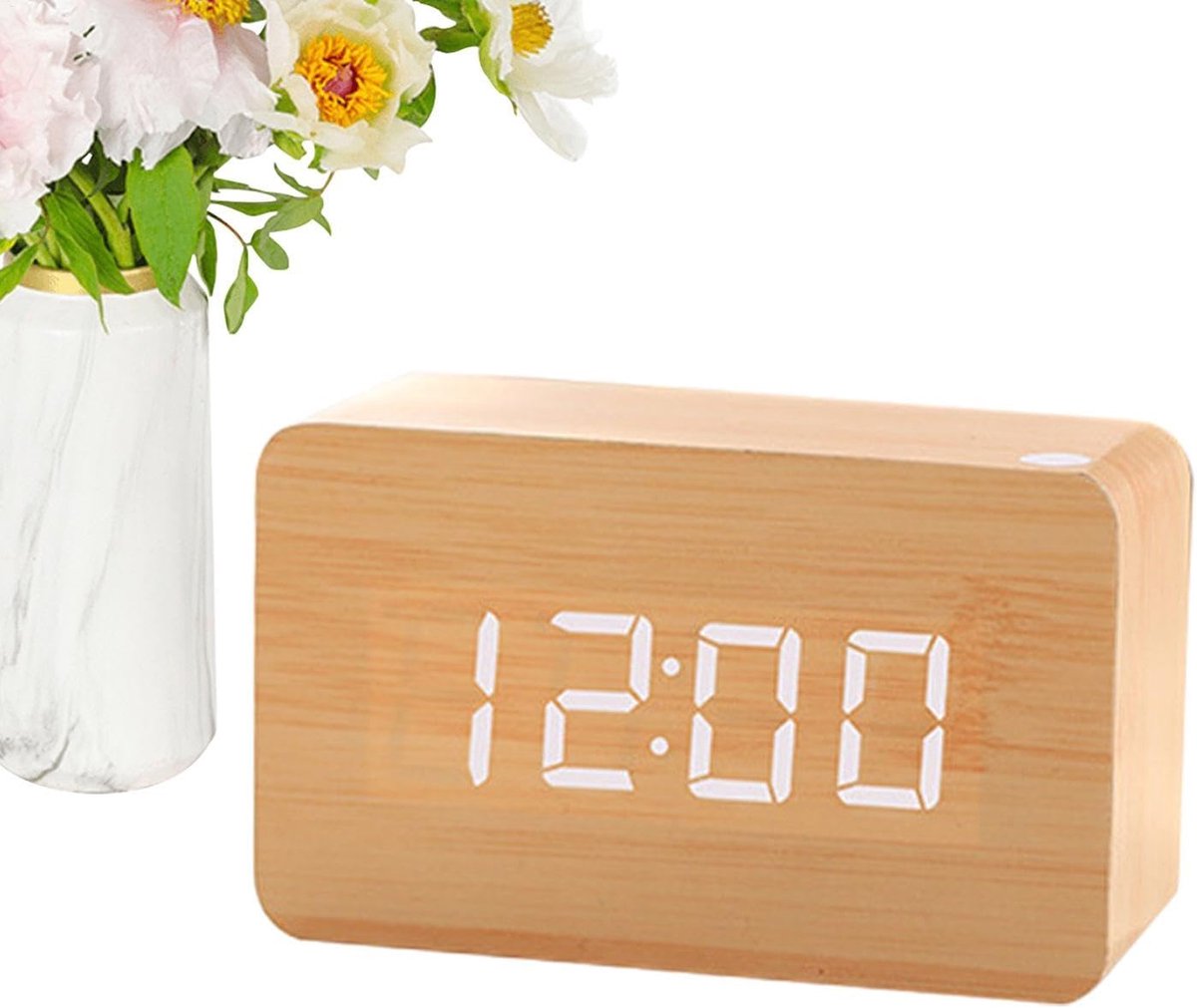 Digitale Wekker - Slaapkamer Horloge - Wakker Worden - Groot Scherm - 120x80x70 mm - Hout Wit