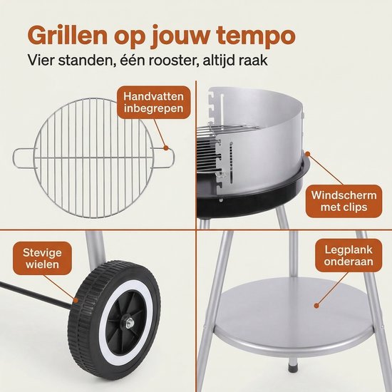 Lomera Houtskoolbarbecue - Houtskool BBQ - Barbecue op Wielen - Ronde Barbecue - Barbecue met Deksel - Verrijdbare Barbecue - Barbecue met Rooster - Verstelbaar Grillrooster - Halfronde Barbecue van Lomera — afbeelding 4