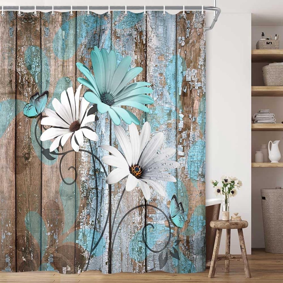 Rustiek Landelijk Douchegordijn 180x180cm - Boerderijbloemen & Madeliefjes - Inclusief Haken-Belle's product