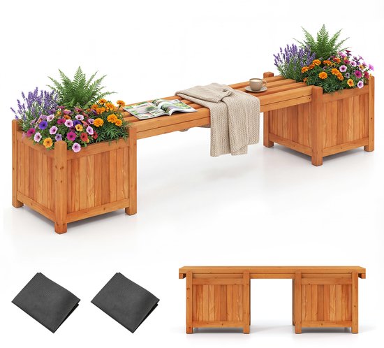 COSTWAY Bac à fleurs avec banc de jardin, banc en bois avec 2 bacs à plantes latéraux, banc de jardin 2 places en bois massif, banc d'extérieur, pour jardin, balcon et terrasse, naturel, 169 x 35 x 35 cm