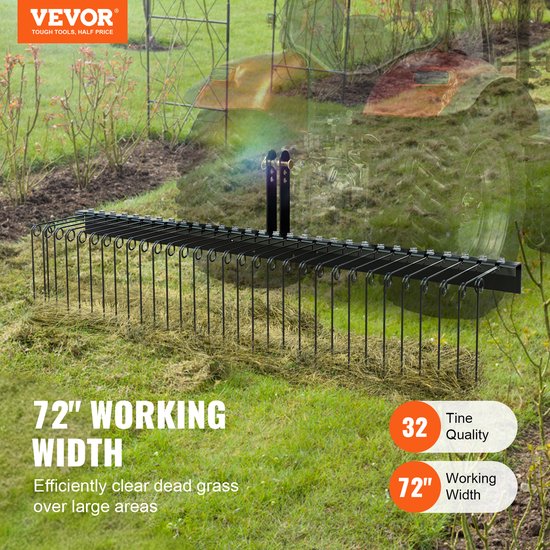 VEVOR Aanhanghark, 1830 mm Getrokken Verticuteermachine met 32 ​​Stalen Tanden, Gazonhark voor Bevestiging Aan Categorie 1, 3-Puntshefinrichting voor Tractor, Voor Bladeren, Dennennaalden, Stro en Gras van VEVOR — afbeelding 5