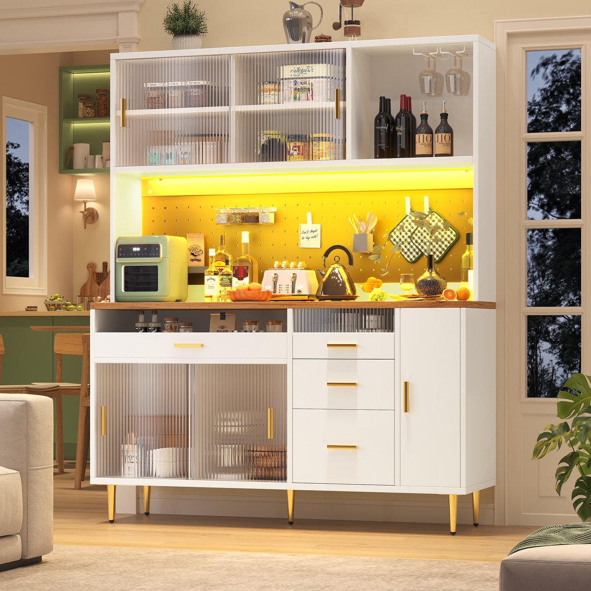 Sweiko Keukenkast - Dressoir - LED-verlichting - Glazen deur - Verstelbare plank - 4 lades - Wit