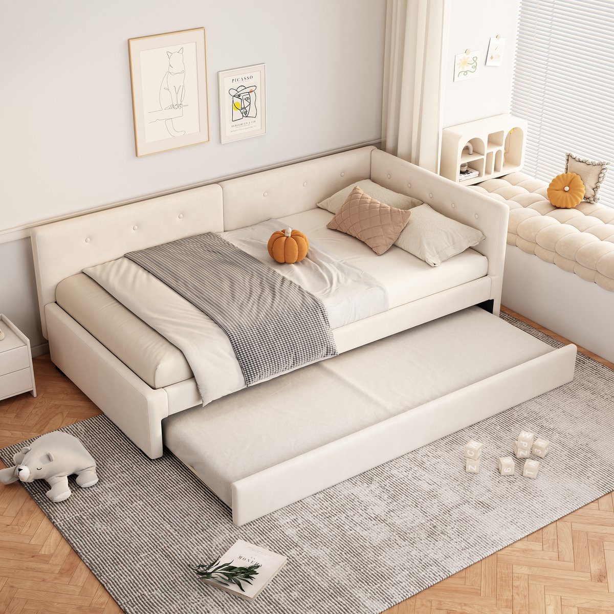 OKWISH Daybed 90x200cm – Met Uitschuifbaar Rolbed – Slaapbank Voor Logees – Met Lattenbodem – Minimalistische Stijl – Fluweel – Zonder Matras – Beige