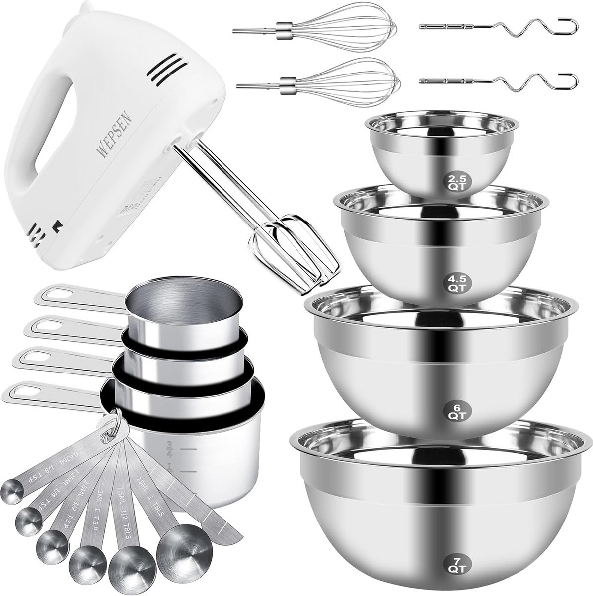 Elektrische Handmixer Set met Roestvrijstalen Mengkommen en Maatbekers