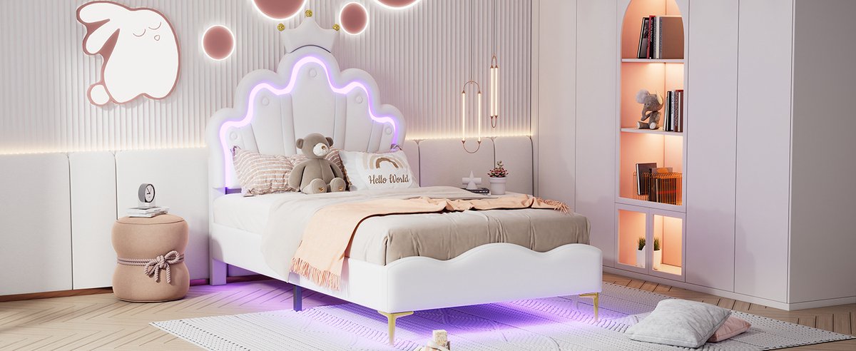 Zubaliya Prinsessenbed 90x200 cm - Kinderbed met LED Verlichting - Wit PU Leer