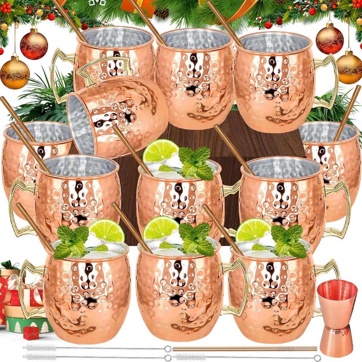 Set van 12 Gehamerde Koperen Cocktail Mokken 18oz Inclusief Rietjes en Jigger