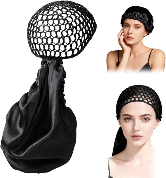 Zwart 2-in-1 cap met visnet en satijnen staartzak, getoond op een model en apart.