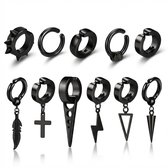 Set van 11 zwarte oorringen en hangers met diverse designs: spikes, veer, kruis, punt, bliksem en driehoek.