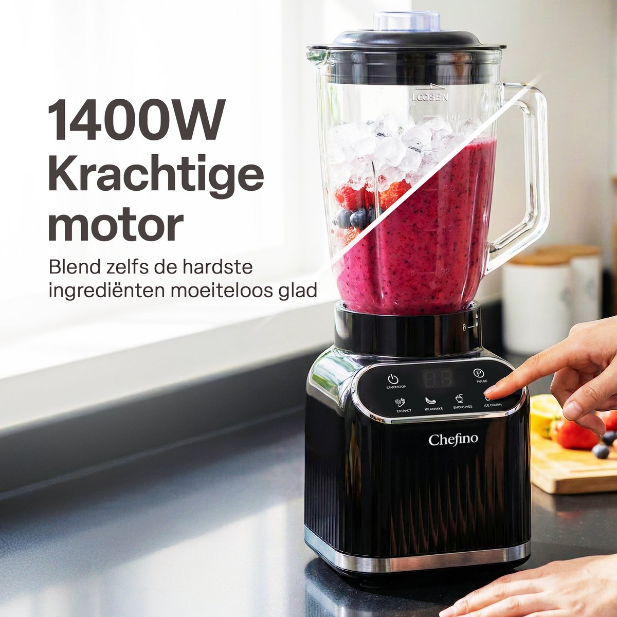 Chefino Blender 1400W – Krachtige Smoothie Blender met Glazen Kan 1,5L – Inclusief 700 ml To-Go Beker – 6-Blads & 4-Blads Mes – IJscrusher – Zelfreinigend – Keukenblender voor Smoothies & Shakes – foto 5
