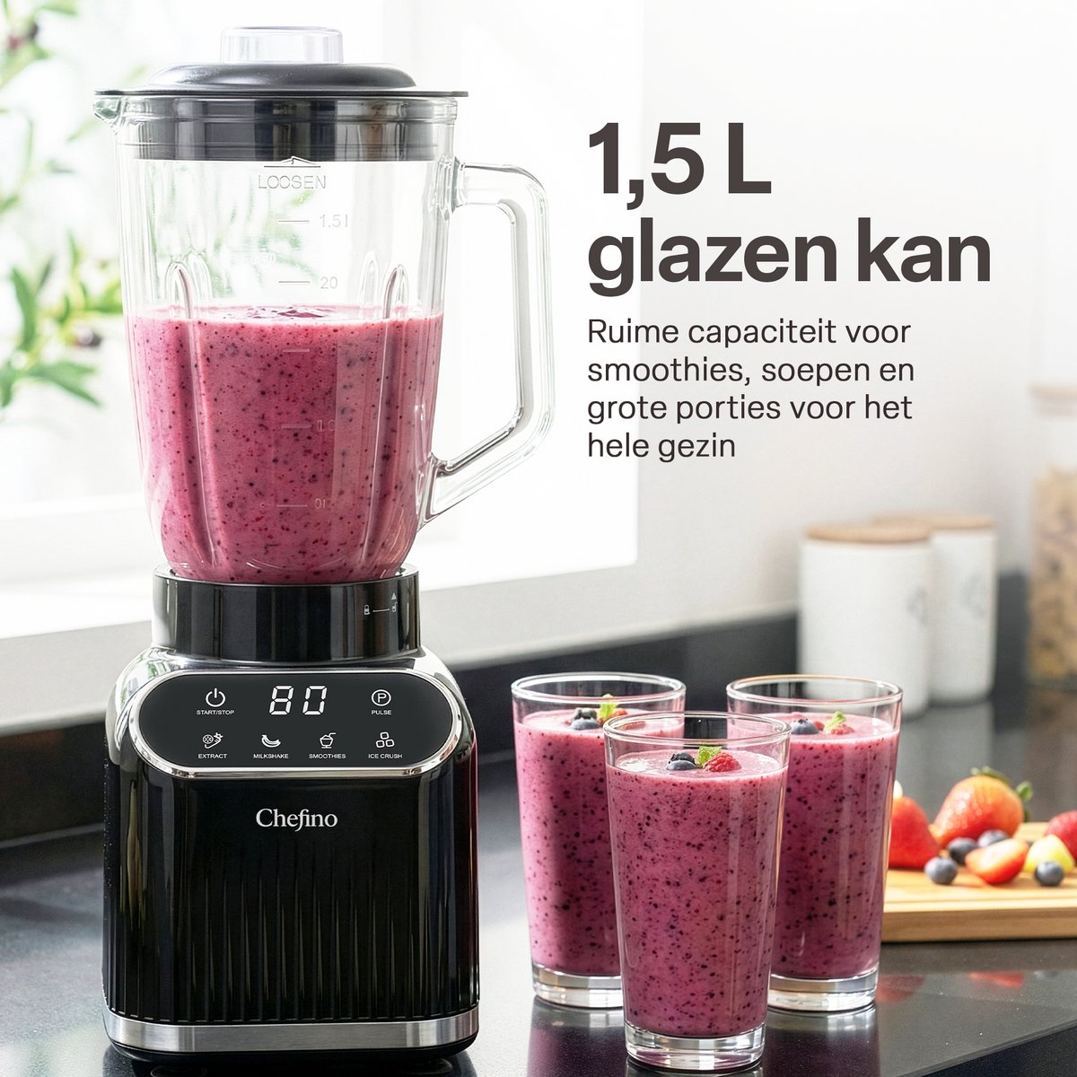 Chefino Blender 1400W – Krachtige Smoothie Blender met Glazen Kan 1,5L – Inclusief 700 ml To-Go Beker – 6-Blads & 4-Blads Mes – IJscrusher – Zelfreinigend – Keukenblender voor Smoothies & Shakes – foto 7