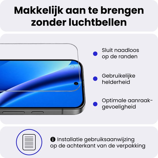 Transparante screenprotector past naadloos op de randen van een telefoon met heldere weergave.