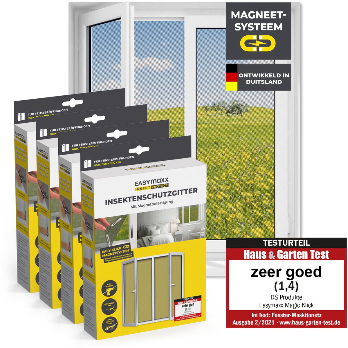 EASYmaxx Insect Protect vliegenhorren voor ramen met magnetische bevestiging | op maat te knippen muskietennet | insectenwering voor ramen tot 150 x 180 cm | muggenwering met magneten - eenvoudige montage, zwart, 4 stuks